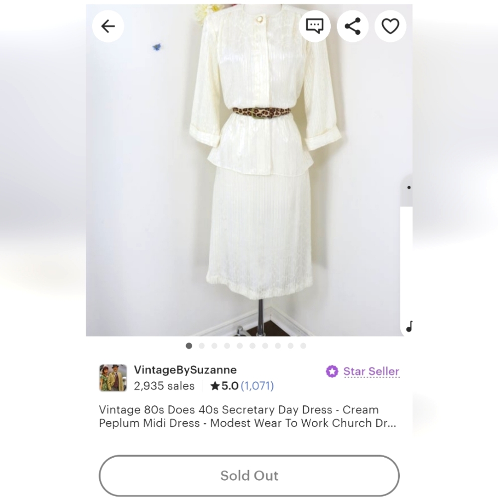 Vintage 80s Does 40s Medium Cream Peplum Midi Secretary Day Dress